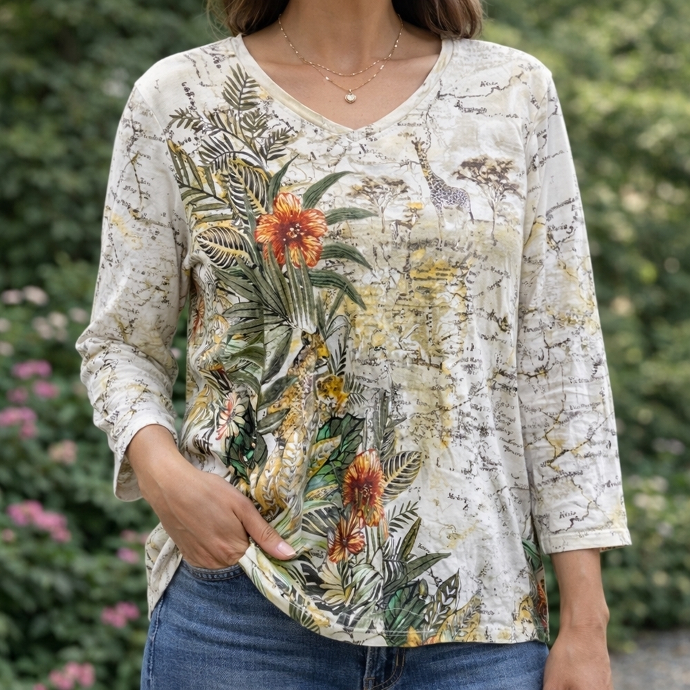 Allison Daley Cream Floral Long Sleeve Top Size L Botanical Safari Print Cotton